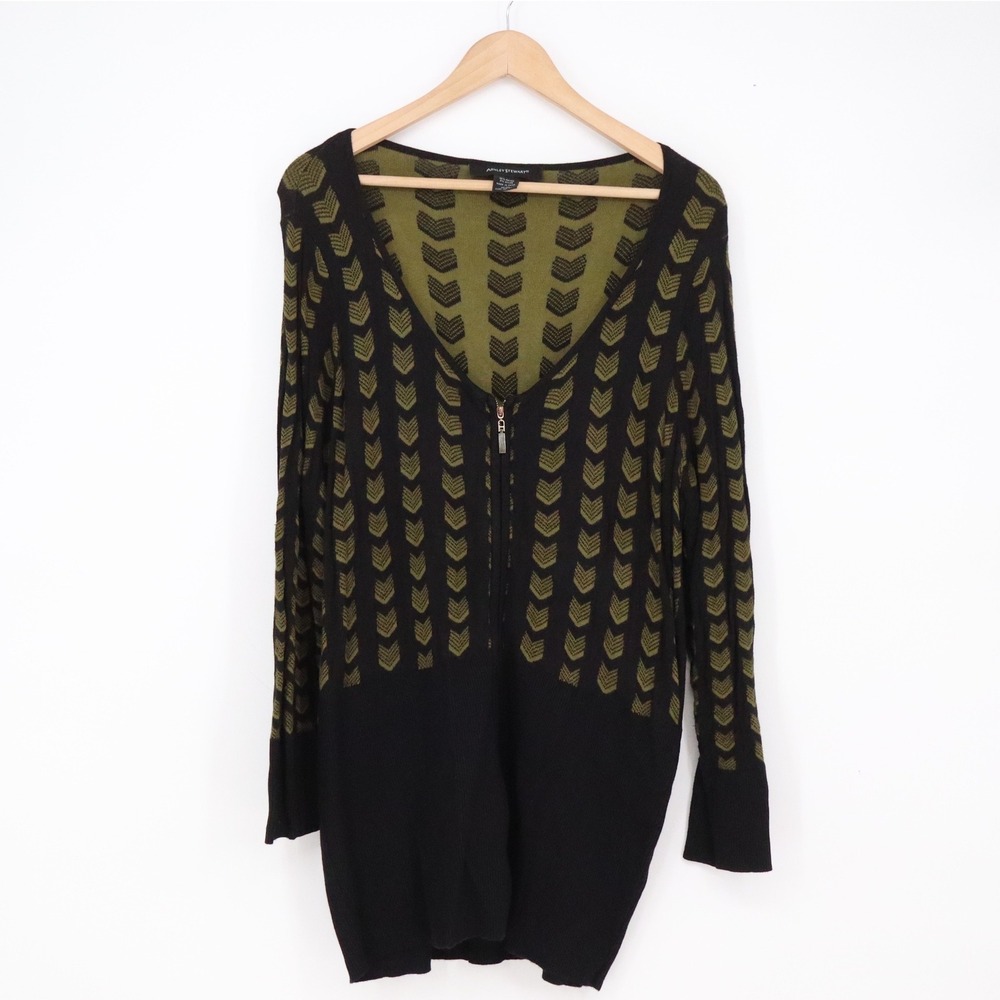Ashley Stewart Cardigan Women 22/24 Full Zip Black Olive Chevron Tunic Excellent